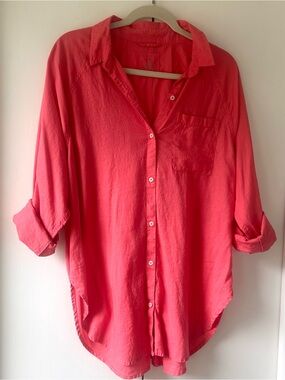 Aerie Linen Blend Button Down Shirt in Haute Coral